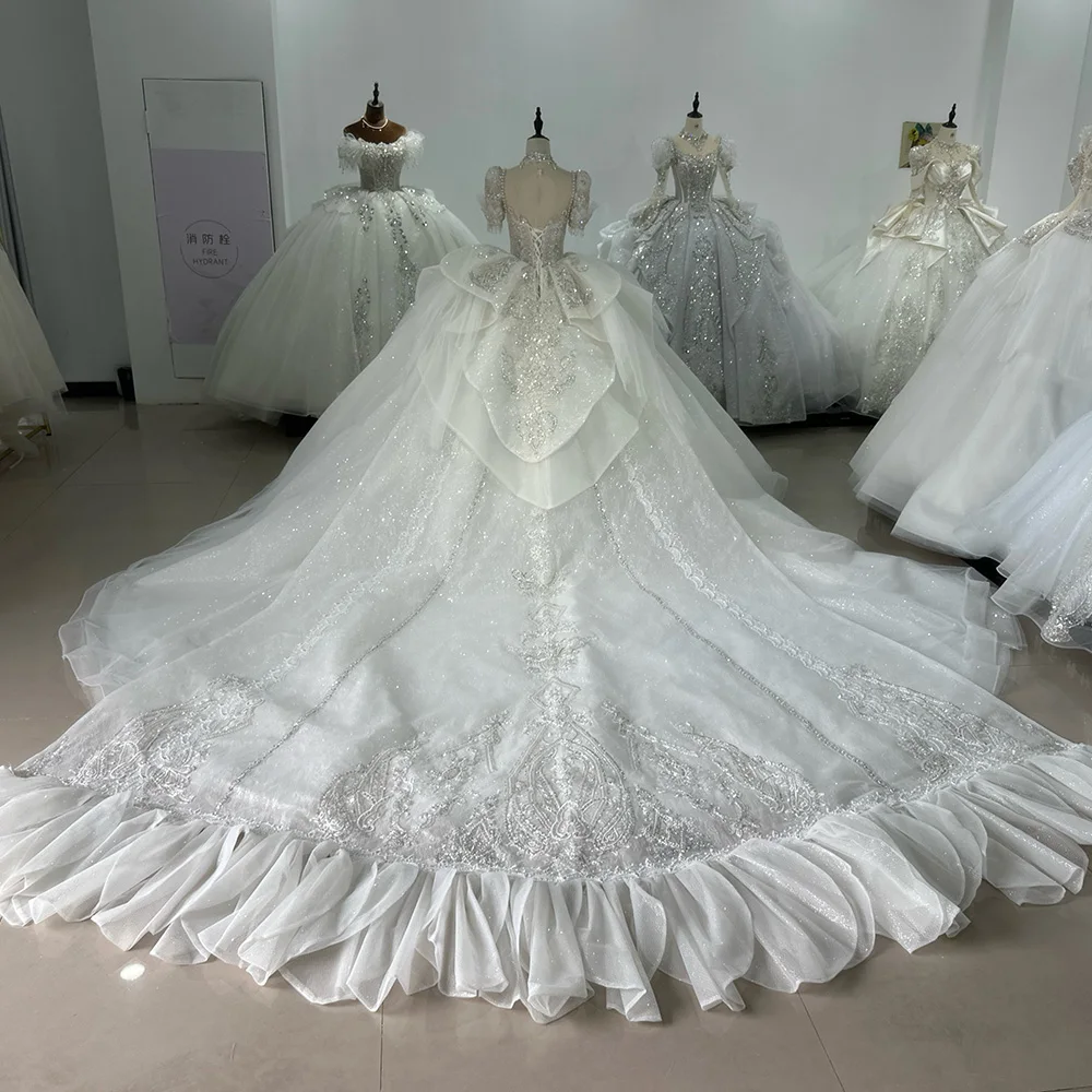 Elegant Wedding Dresses For Women Organza Ball Gown Short Sleeves Wedding Gowns Pearls Xs054