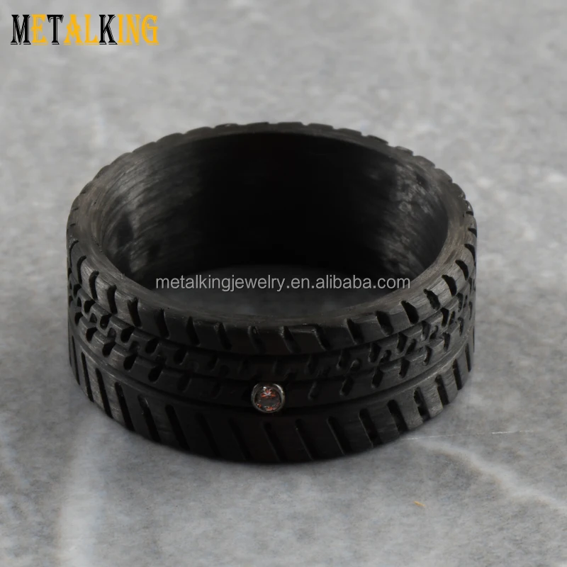 10mm Truck Tire Pattern and A Cubic Zirconia Inlay Black Carbon Fiber Wedding Band Ring for Men