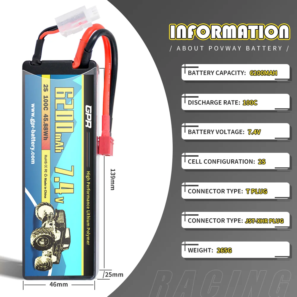 Rechargeable GPR 6200 mAh 2S High Discharge Rate 100C 7.4V Lipo Battery With T Plug Connector For RC Helicopter Racing Car