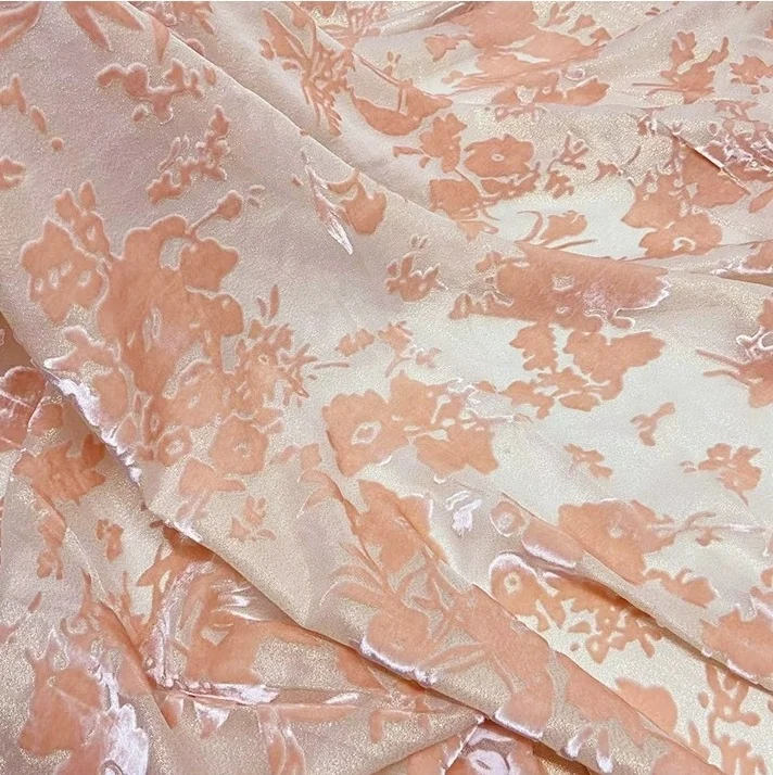 Golden metallic with Silk woven basic grounded shine style Rayon burnout velvet fabric with printing for Ladies fashion garments
