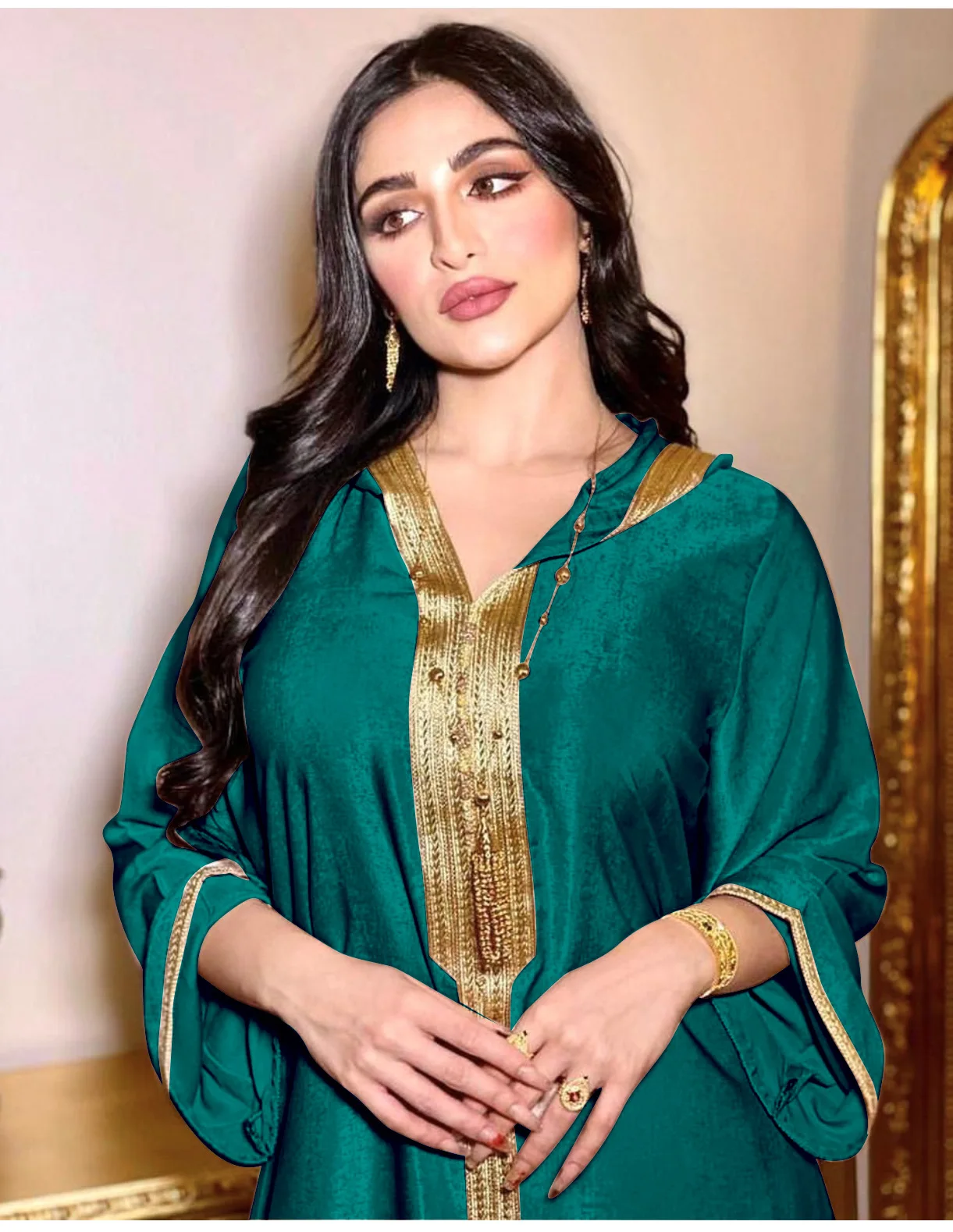 Middle East Dubai Champagne Lace Suede Gown Robe Islam Women Abaya Muslim Hooded Dress with Hijab