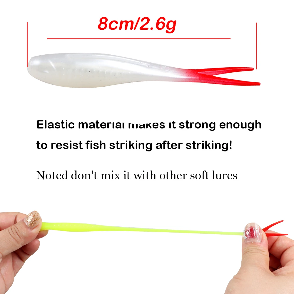 JOHNCOO New Arrival 6pcs/bag TPE Material 8cm 2.6g Soft Bait Worm Split Tail Floating Fishing Baits Soft Swim Bait