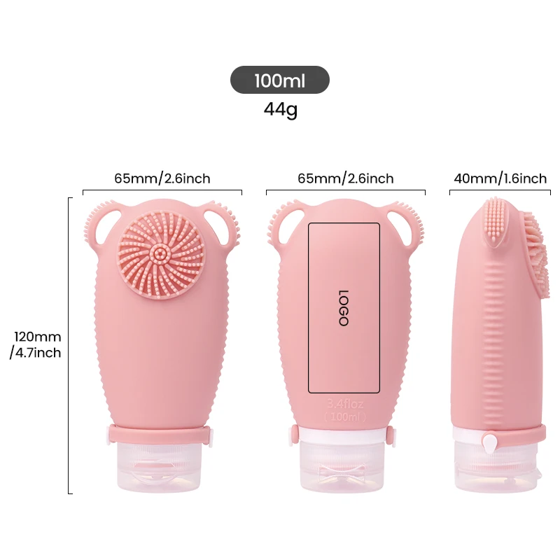 Eco Friendly Outdoor Camping 100ml 3.4Oz Refillable Silicone Squeeze Travel Size Lotion Bottles with Brush for Travel Toiletries