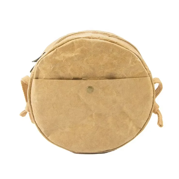 Small Size Tyvek Paper Brown Paper Mini Durable Tote Bag Round Wallet With Pocket Button Zipper for Travel Shopping School Work