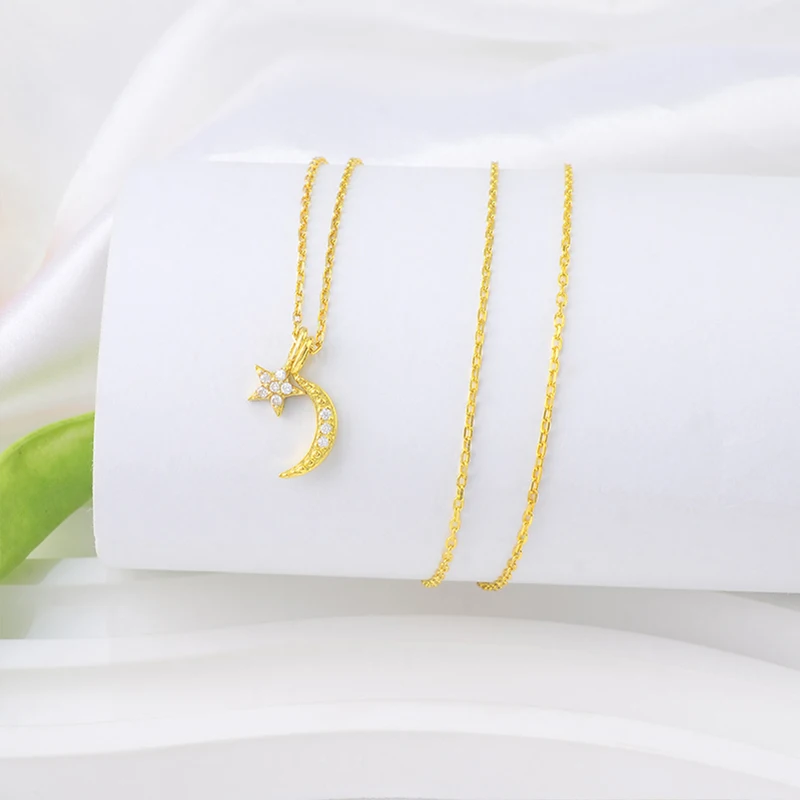 Wholesale Jewelry Making Accessory Crescent Moon And Star Shape Gold plated 925 Sterling Silver Cz Pendant Necklace