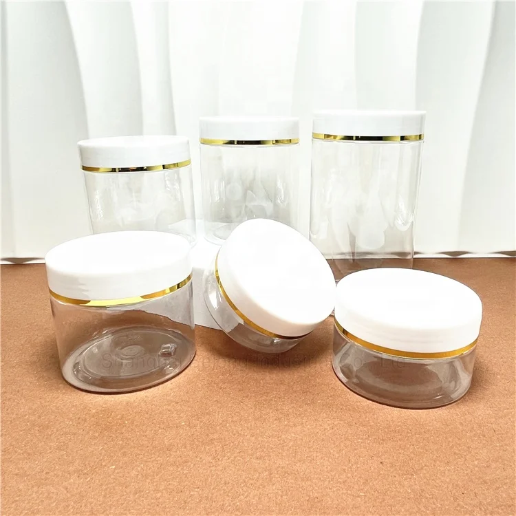 IBELONG 50ml 100ml 4 OZ 150ml 8oz 250ml 500ml Empty Clear PET Plastic Jars for Food Packaging with White Lid with Gold Rim