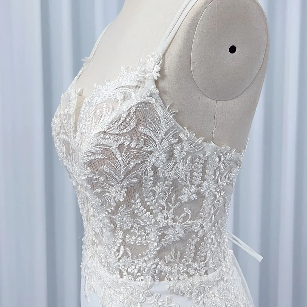 Spaghetti Strap Sheath Wedding Dress Appliqued Pearl Beaded Low Back Crepe Bridal Gown Hx03