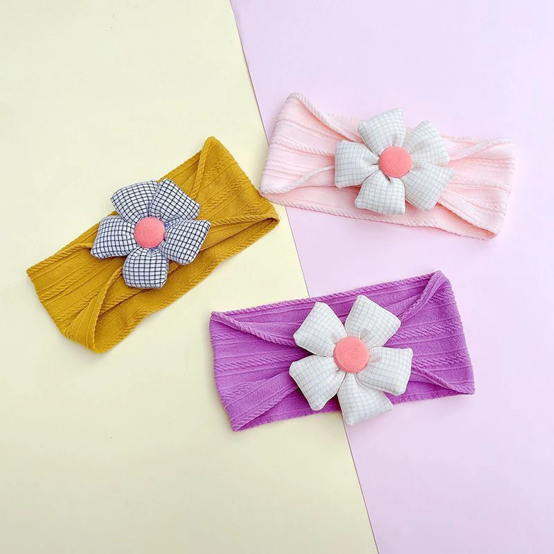 15*8 CM New Korea Fashion Flower Nylon Headband Baby Cable Knit Headbands Kids Girls Soft Turban Infant Head wraps Children