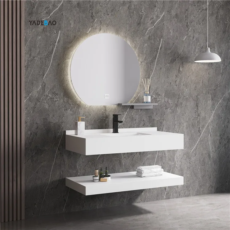 Europe 2 Layer Slate Rock Wall Mounted Lavabo Solid Surface Wash Basin Artificial Stone Bathroom Sink With LED Mirrored Cabinets