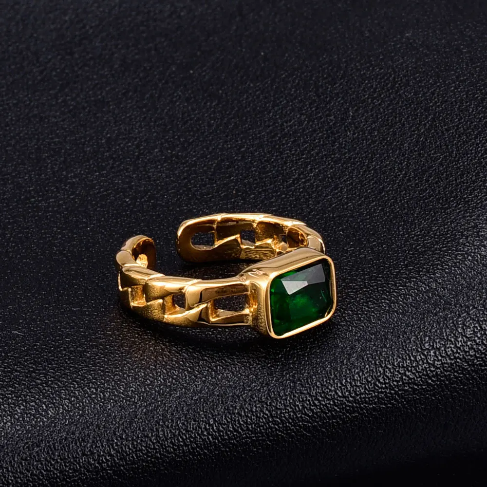 European Vintage 18k Gold Plated Open Ring Emerald Simple Stainless Steel Ring For Women
