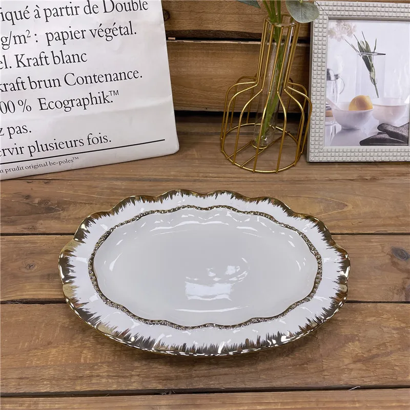 Роскошная керамическая тарелка, керамическая сервировочная тарелка овальной формы с золотым ободком для свадьбы и вечеринки