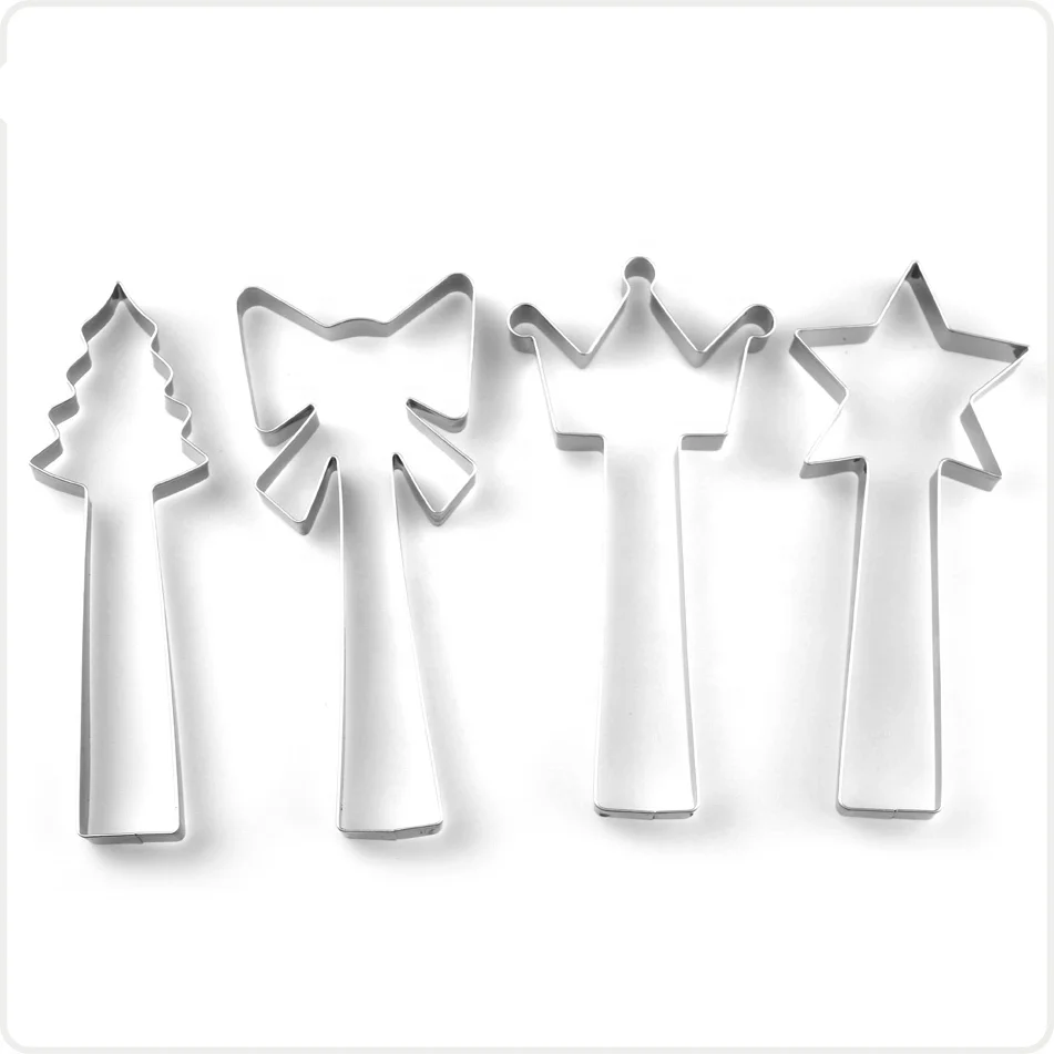 Stainless steel tree star crown shape new design 4pcs christmas long handle cookie mold cutter set