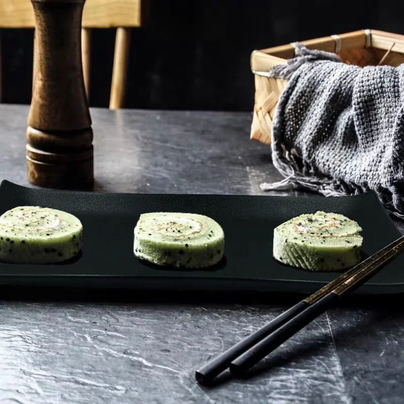 Rectangular Durable Ceramic Sushi Trays Black Ceramic Dinner Plate For Restaurants