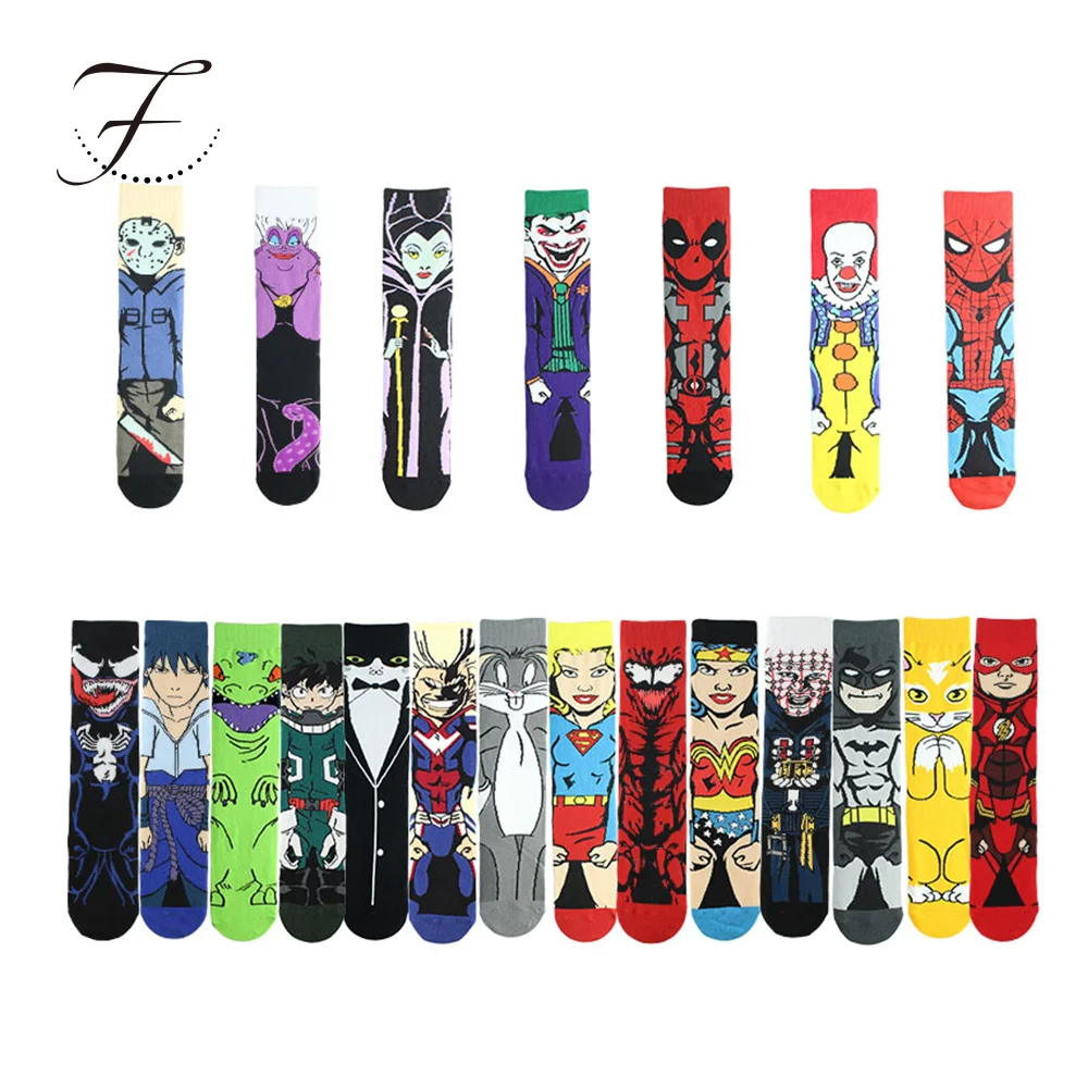 Fiona Wholesales Cheap Stock Straight Cotton Casual Colorful Anime Character Cartoon Male Socks Men Tube Comic Hero Socks