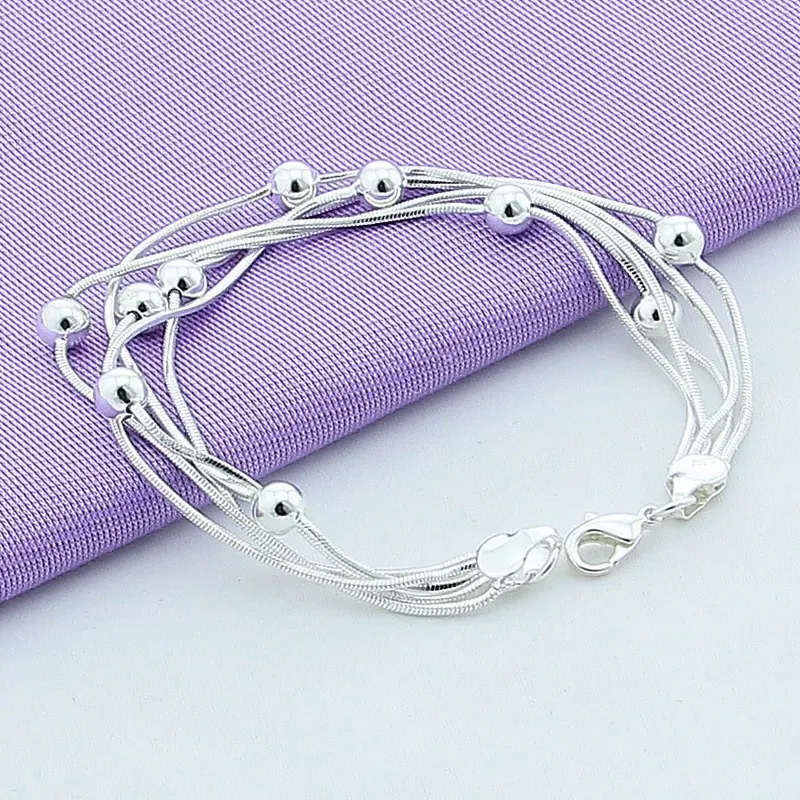 Fashion Smooth Bead Silver Bracelet Silver Plated Copper Five Snake Chain Bracelet for Women