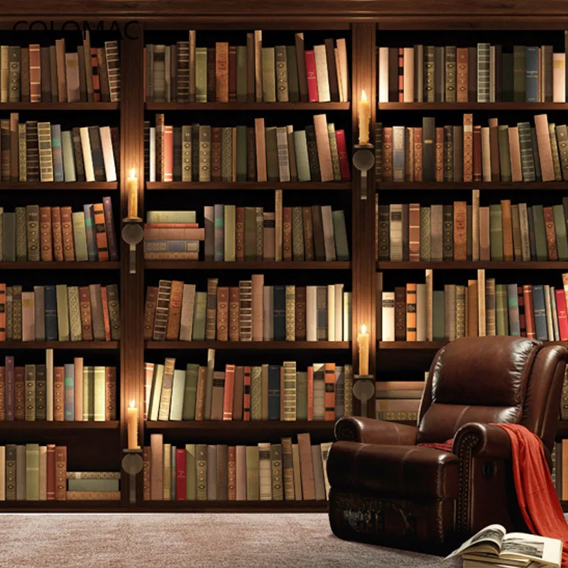 Custom Photo Wallpaper 3D European Style Retro TV Background Wallpaper Mural Wall Bookcase Books Bookshelf Mural Peel And Sick