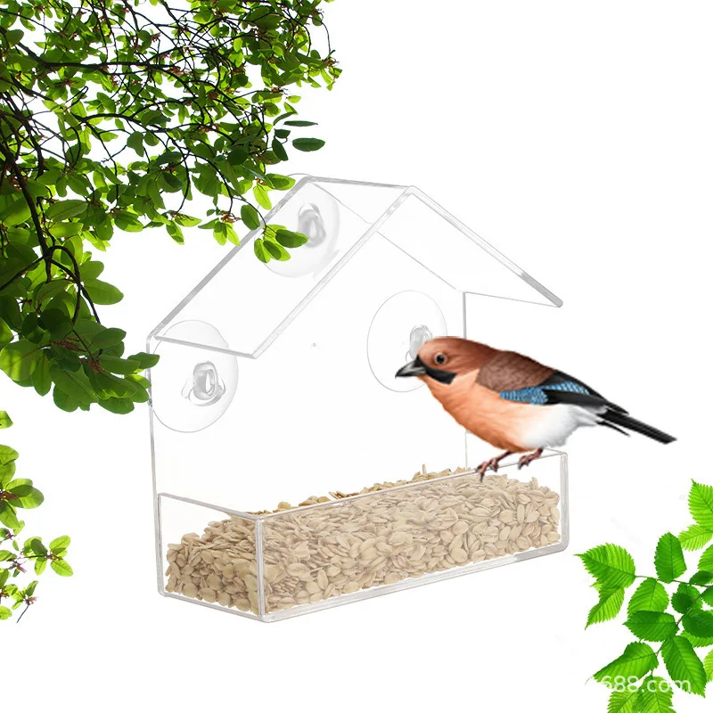 Hot Selling Acrylic Bird Cage Outdoor Adsorption Bird Feeder Transparent Plexiglass Pet Bird Feeder