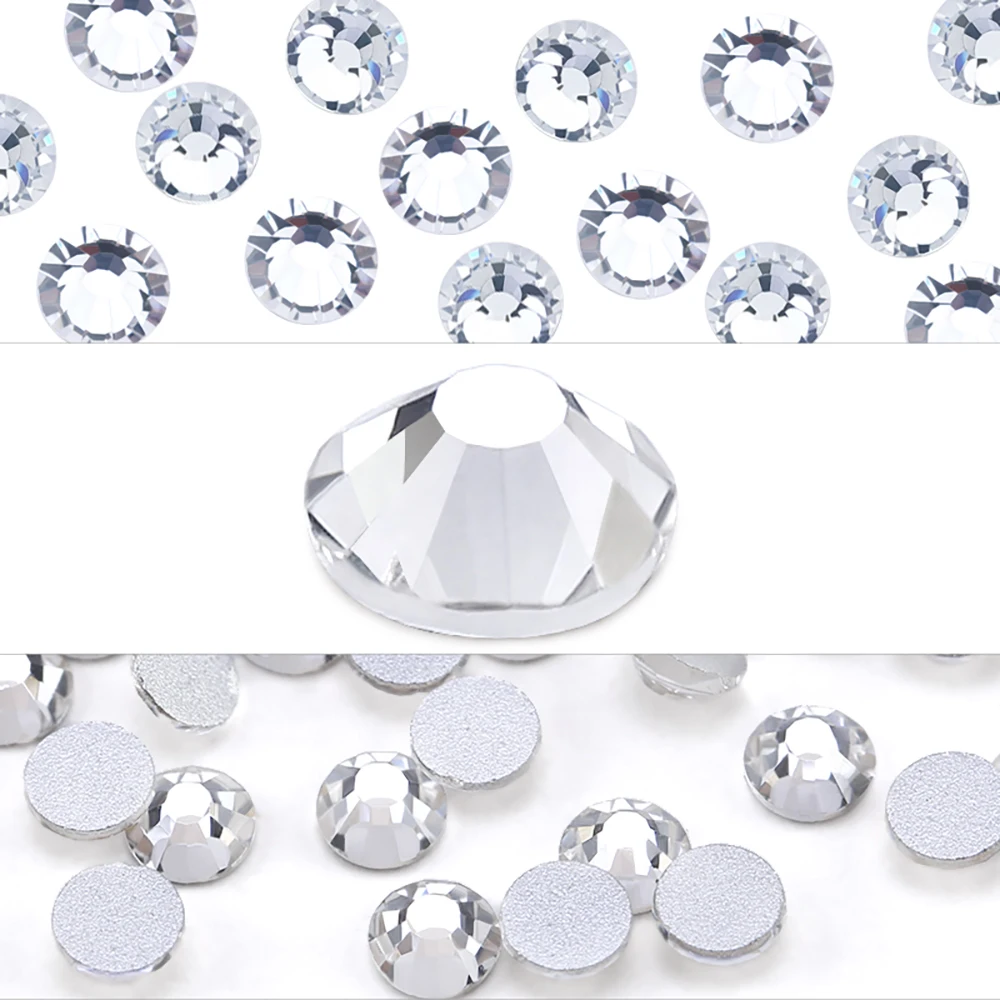 QIAO Bling Plated White Crystal Flat Back 3D Non Hotfix Sticker Glue DIY Decoration Round Rhinestones