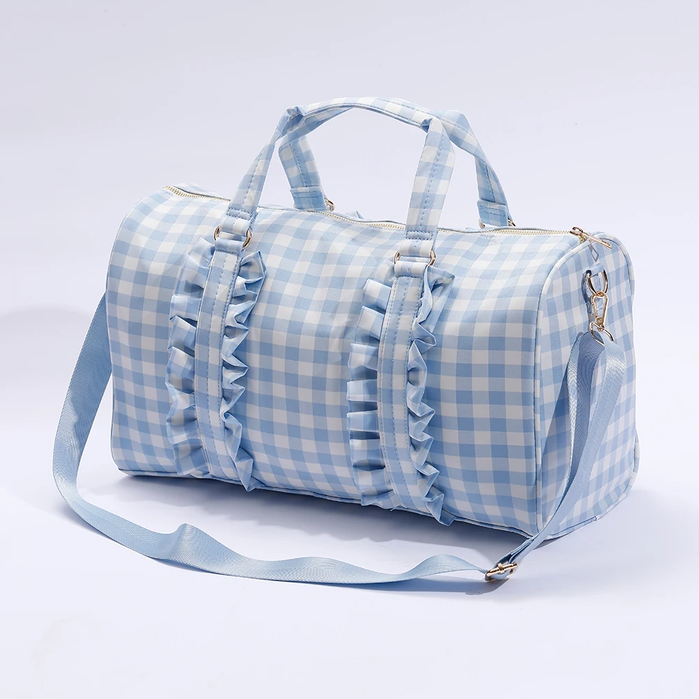 Rts Portable Cute Women Girls Ladies Travel Checked Plaid Ruffle Weekender Overnight Pink Gingham Duffel Bag Luggage Travel Bags