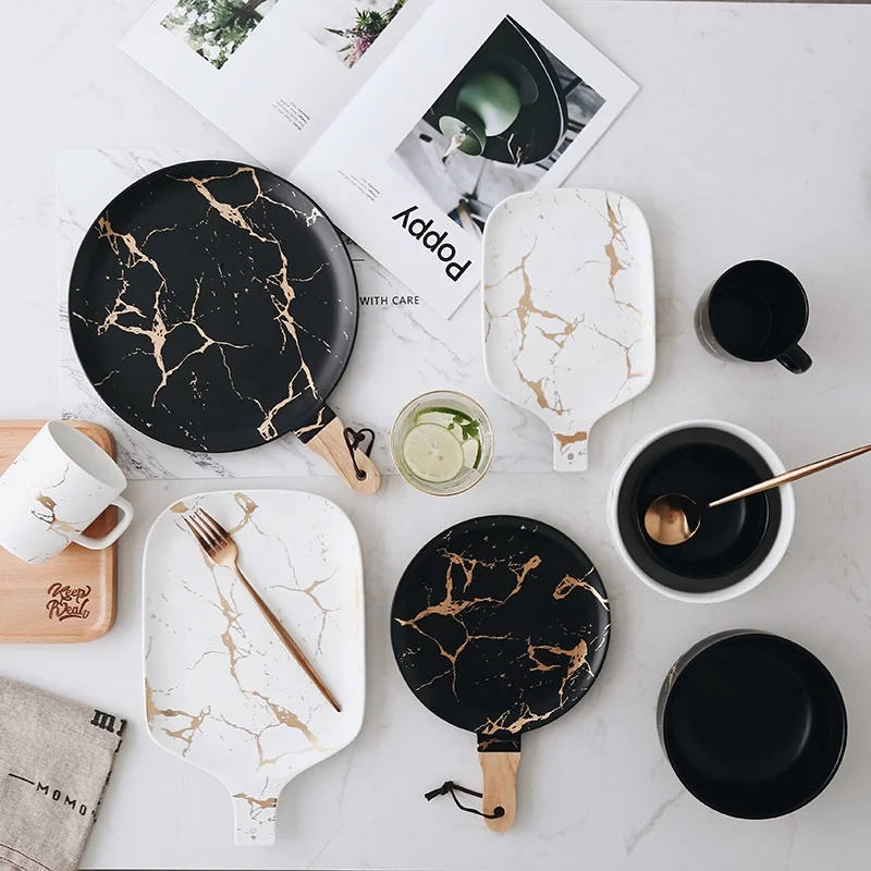 Gold Marble Glazed Ceramic Tableware Sets Porcelain Plates Dishes Noodle Bowl Coffee Mug Cup Luxury Dinner Set Tableware Sets