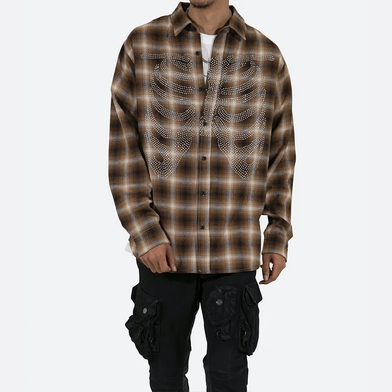 Mens Plaid Shirt Workwear OEM Service Oversized Winter Long Sleeve Pocket Rhinestones Streetwear Shirt Wholesale