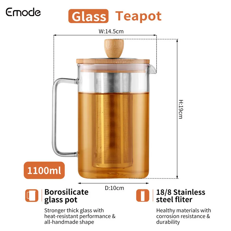 2024 New Novelty Square Tea Pot Glass 1000ml.High Heat Resistant Glass Teapot With Spring Filter, Ss Infuser And Bamboo Lid