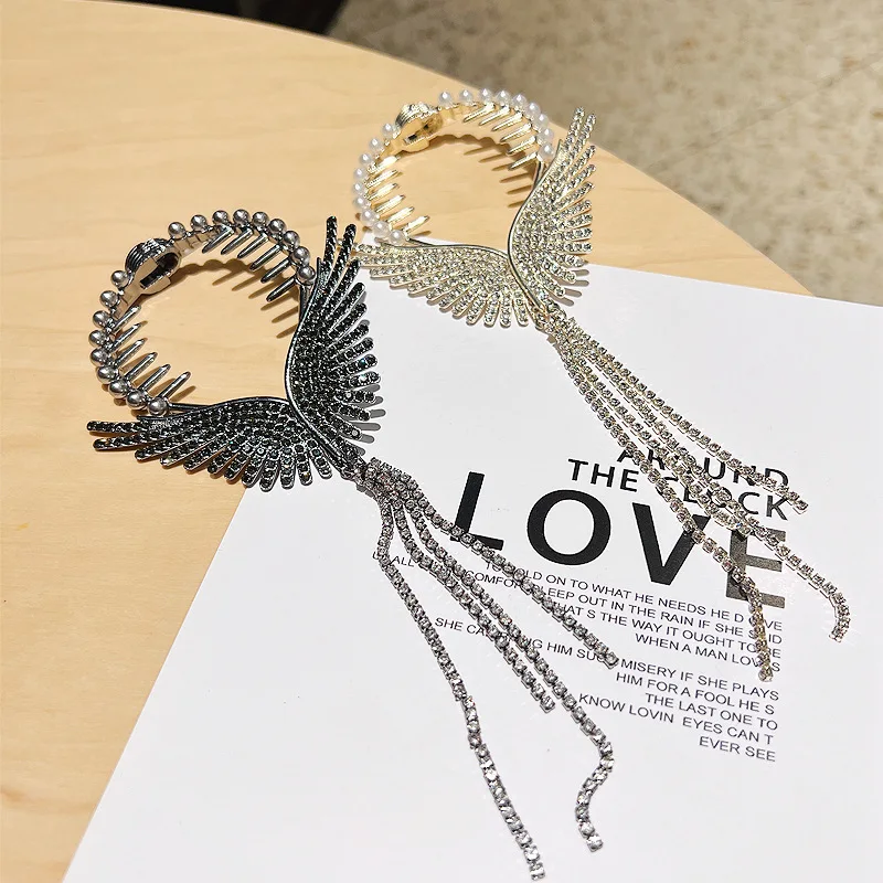 Women Pearl Hair Clip Long Tassel Full Rhinestone Hairpin Beautiful Wings Spring Hair Clip For Women Elegant Hair Jewelry