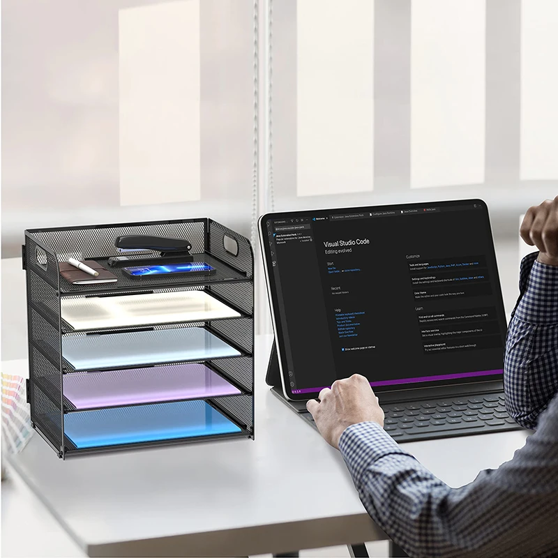 Wholesale Desktop Paper Document File Tray 5 Tier Metal Wire Mesh Office File Organizer With Handle