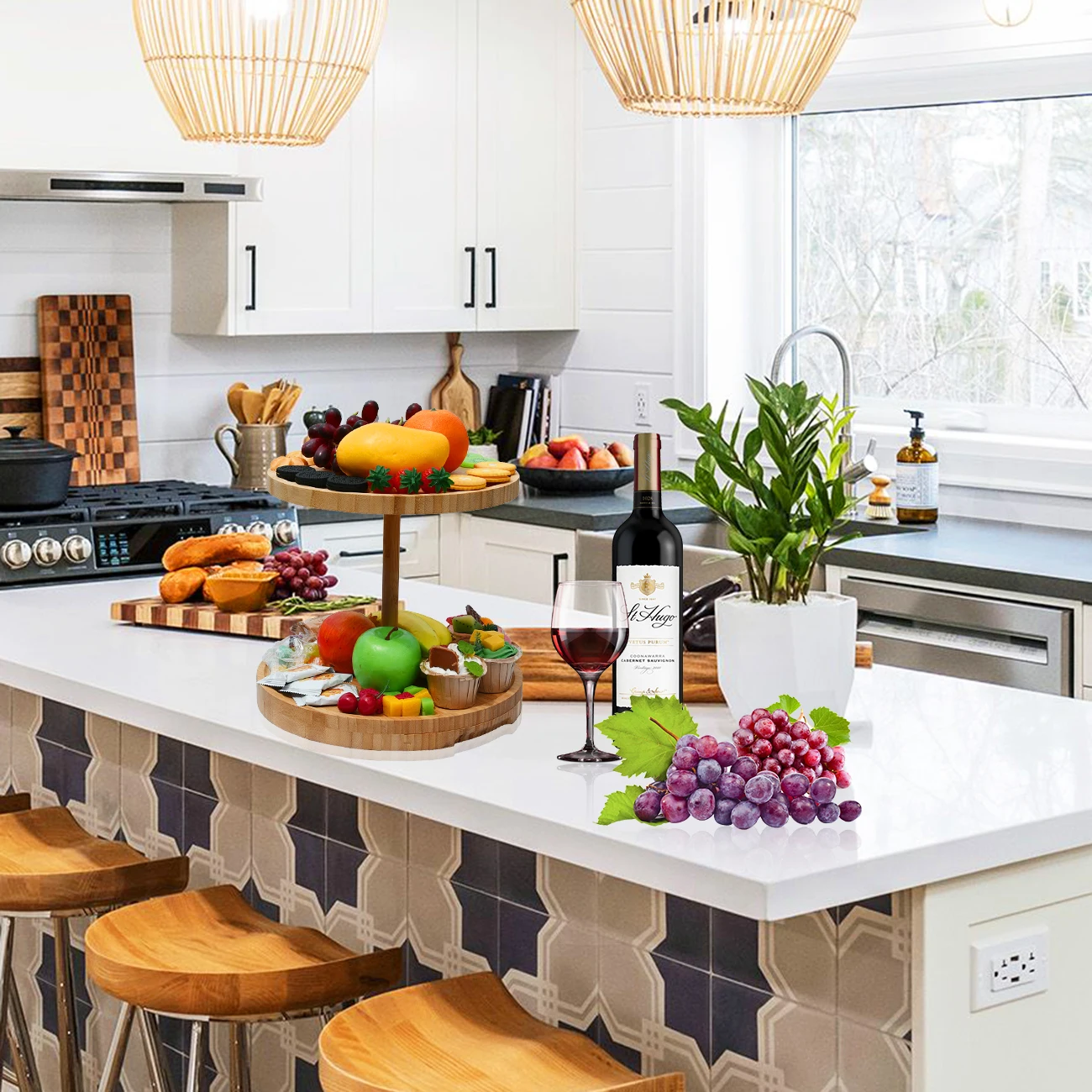 Marble Black Unique Bamboo Acacia Charcuterie Cheese Board With Drawers Knives Set 2 Tiers Platter High Quality