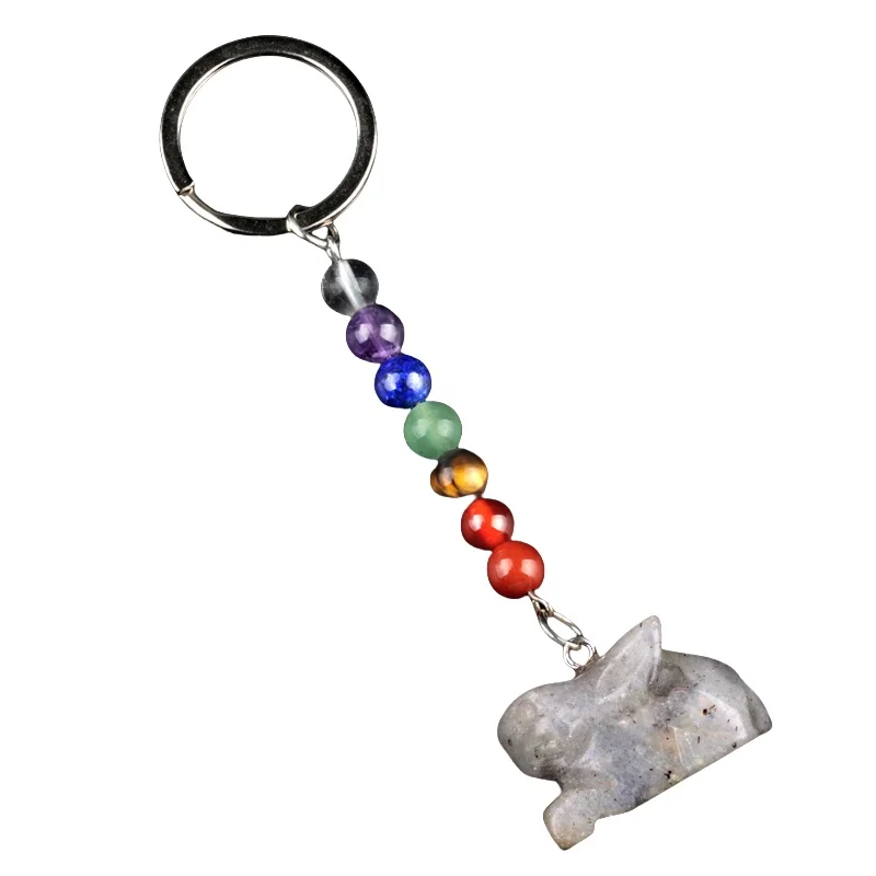Hot Selling Labradorite Crystal Stone Rabbit Pendant Keychain Colored Round Bead Crystal Keychain  Accessories