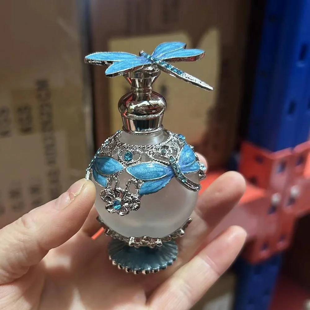 25ml round shaped metal alloy green dragonfly perfume bottle empty glass essential oil bottles with stainless bar#70010