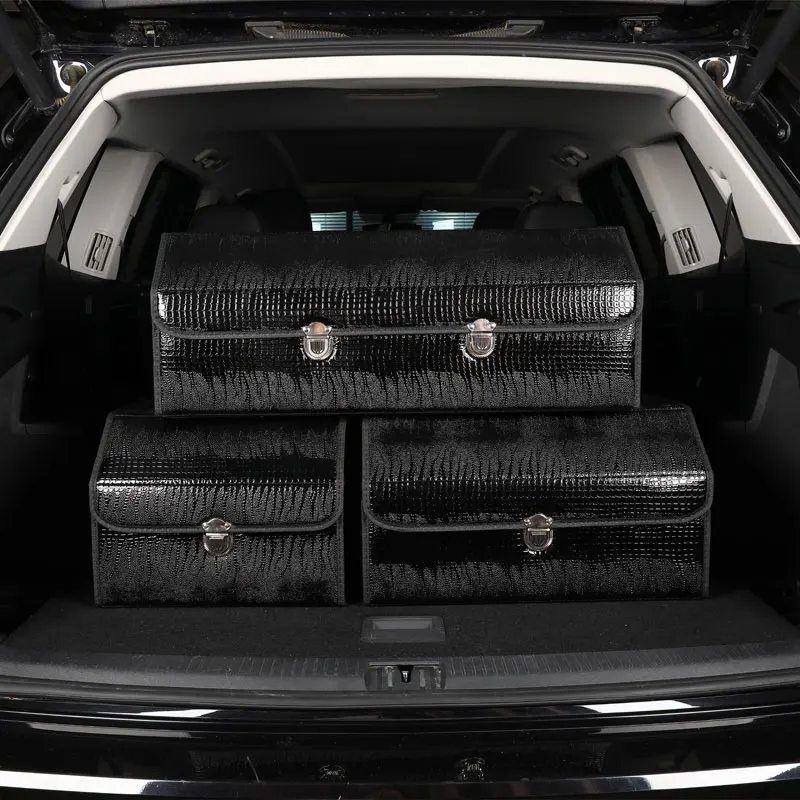 Car trunk storage box organizer with lid portable car storage stowing tidying fashion leather auto trunk box organizer