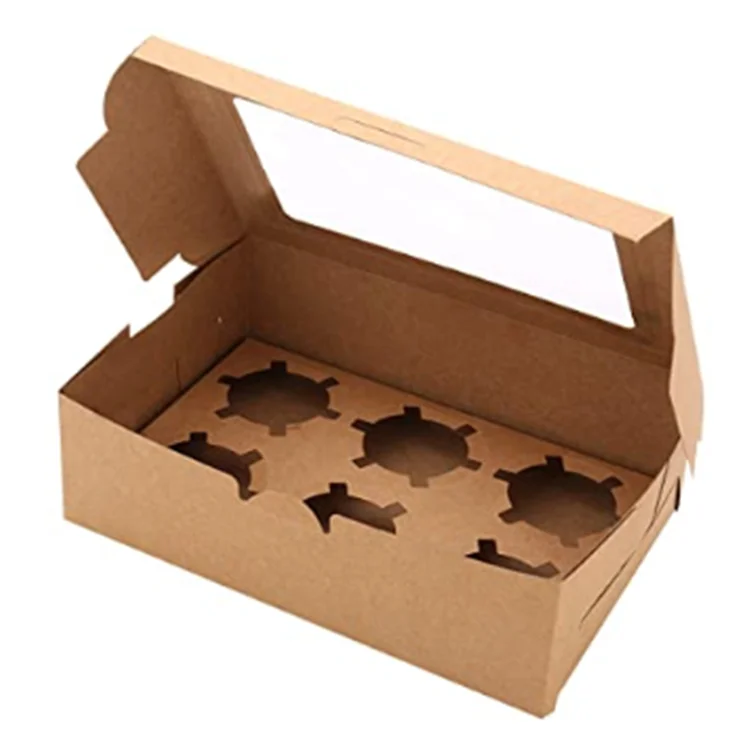  6 cavity Kraft Paper Cupcake Boxes nice Chocolate packing box with Clear Windows Containers Carriers