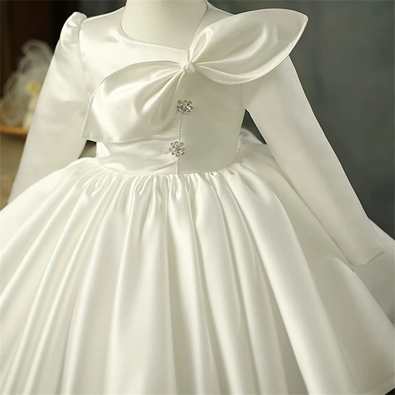 Child Girls Latest Design Wedding Dress Spring Autumn Long Sleeve Princess White Elegant Ball Gown Kids Puffy Dresses