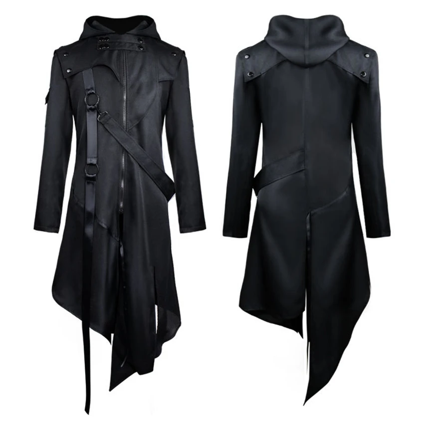 Vintage Gothic Steampunk Renaissance Man Jacket Medieval Autumn Hooded Zipper Coat Costume for Men Plus Size Black Strap Tuxedo