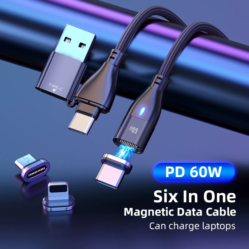 Magnet USB data cable 6 in 1 type a+c plug charger PD60W/100W fast chargin cable for mobile phones free logo service