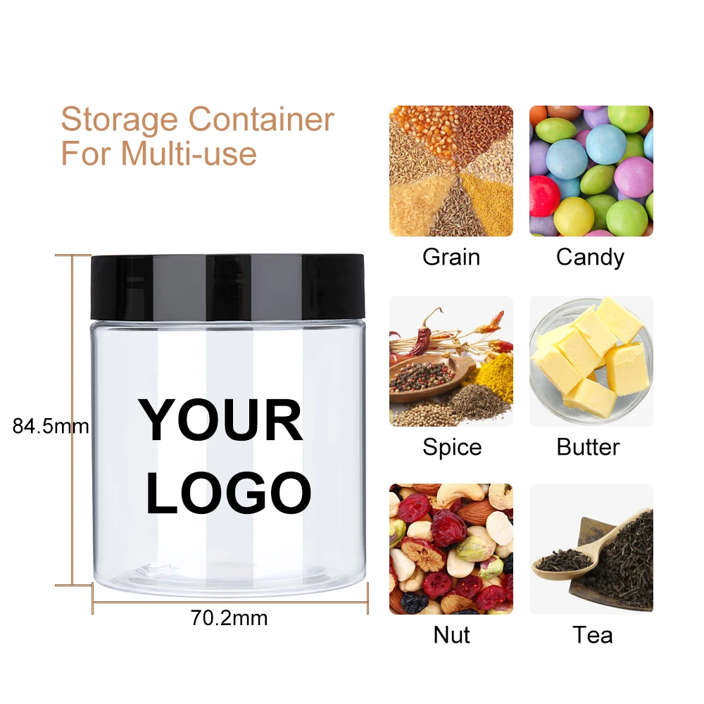 Wholesale 50ml 60ml 80ml 100ml 120ml 150ml 200ml 250ml 500ml clear PET cosmetic plastic jars with black lids