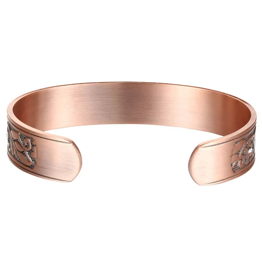BioMagnetic Jewelry 15mm Men Copper Bangle Flower Pattern with Crystal Cuff Bracelet Wide Copper Magnetic Bracelet