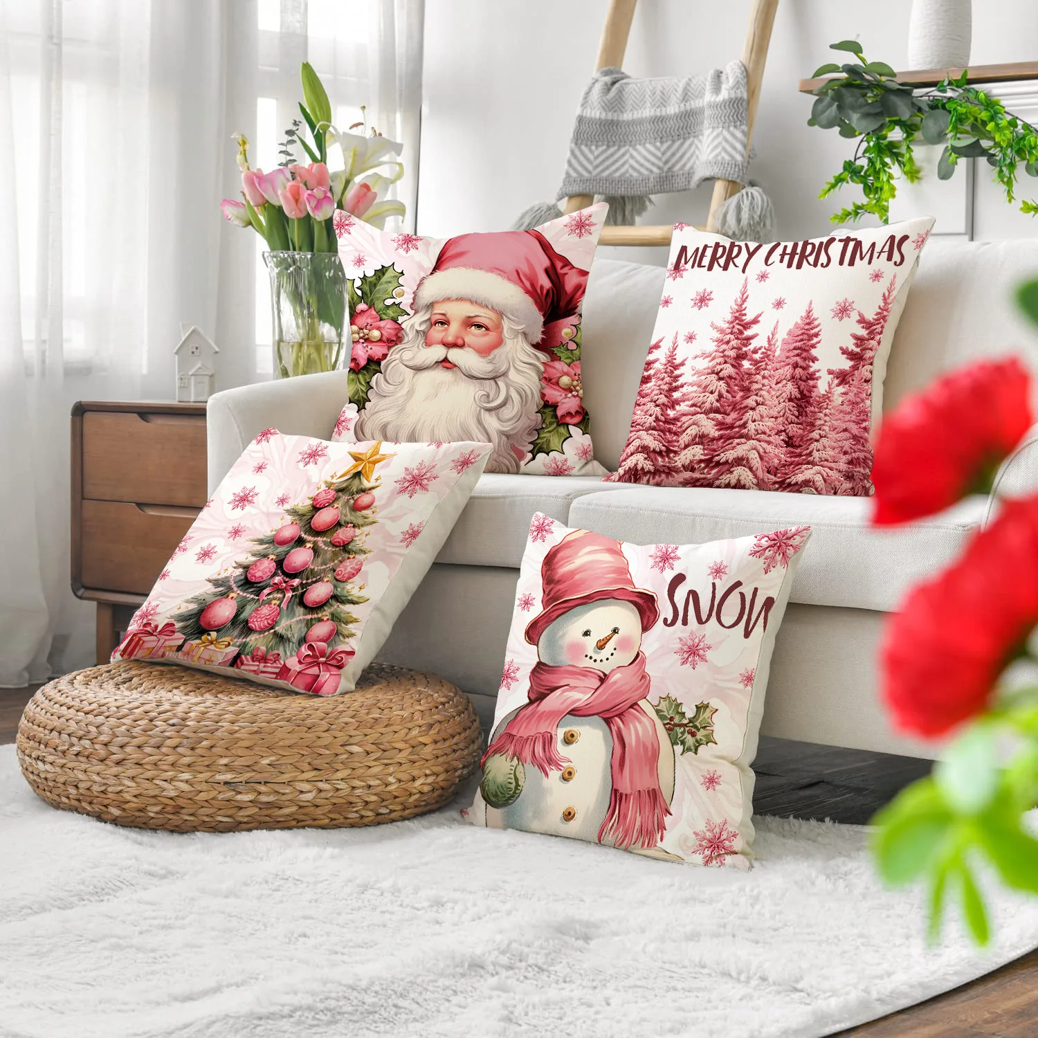 Pink elk Christmas pillow cover Linen letter print holiday decor living room sofa cushion cover Pillow cover