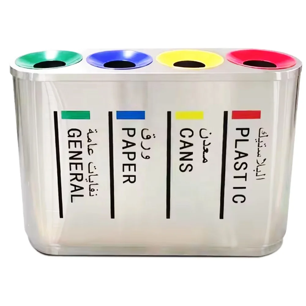 O-Cleaning Commercial 4-Compartment Thick Stainless Steel Classified Trash Can Recycle Garbage Bin For Shopping Mall/Supermarket