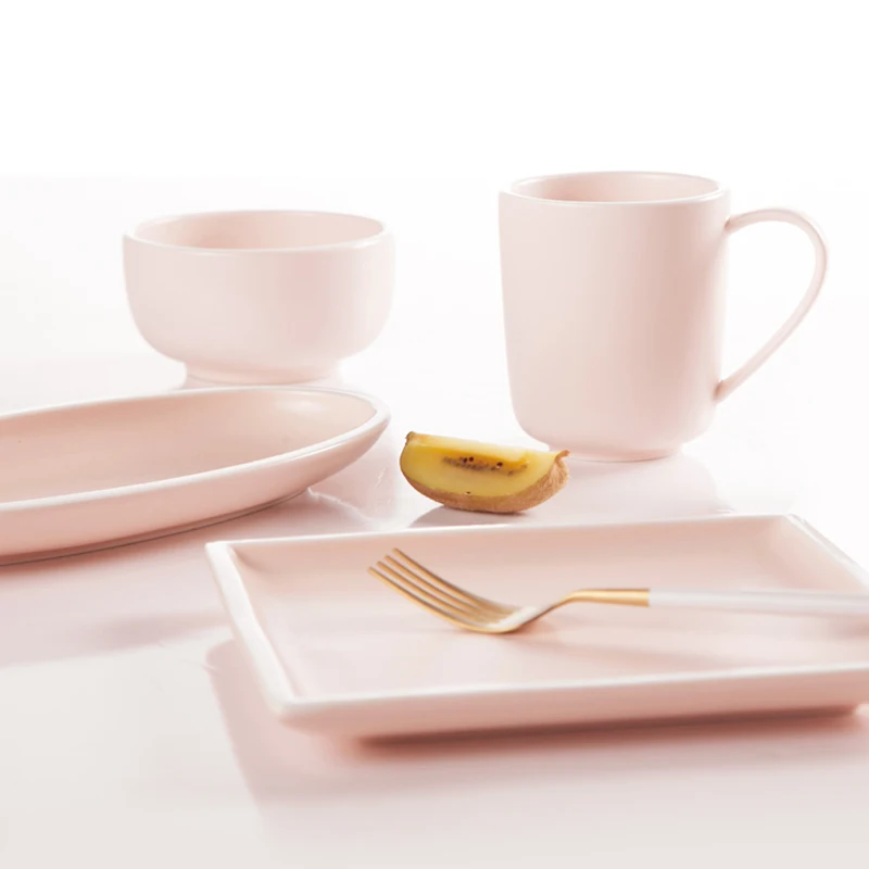 Wholesale Plain Pink Custom  Ceramic Dinnerware Set, Used Restaurant Ceramic Dinnerware Set#