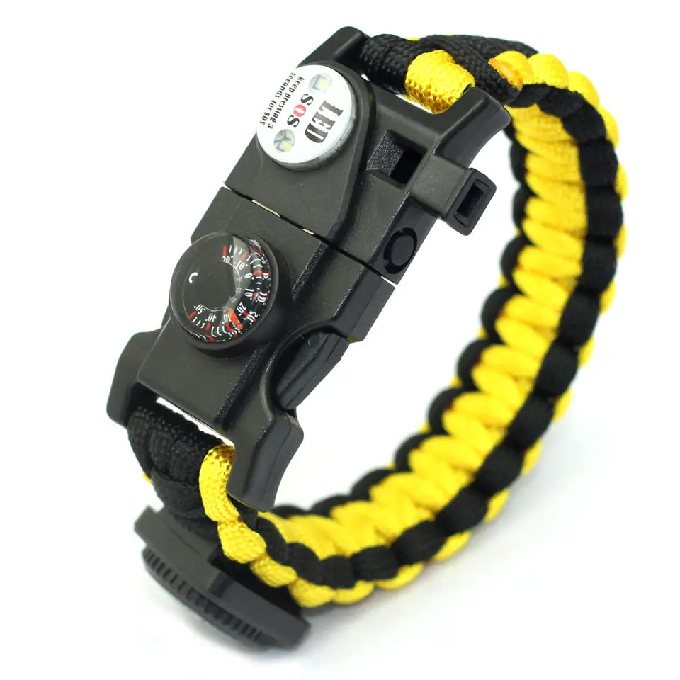 Paracord rope whistle LED light Clip needle Scraper Thermometer Fire starter Compass Tool card Paracord Survival Bracelet