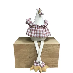 Easter Decor Cute Pink Dangle Legs Animal Shelf Sitter Hen Plaid Fabric Sitting Chicken Stuffed Animal for Home Decoration