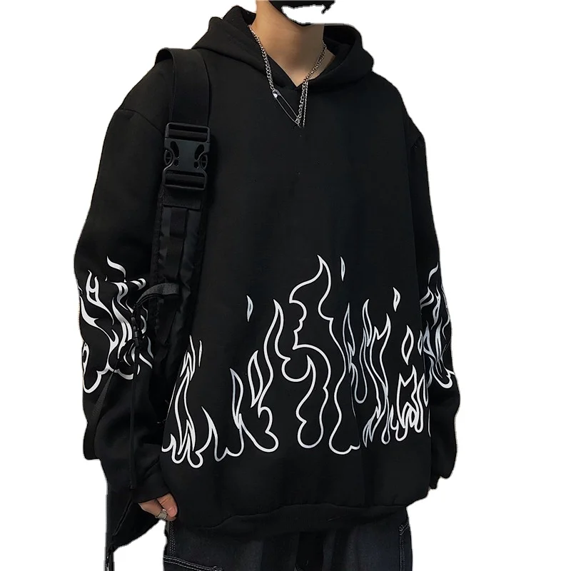 Retro Flame Print Hoodies Women Autumn Casual Oversized Long Sleeve Pullovers Tops Korean Style Harajuku Unisex Loose Sweatshirt