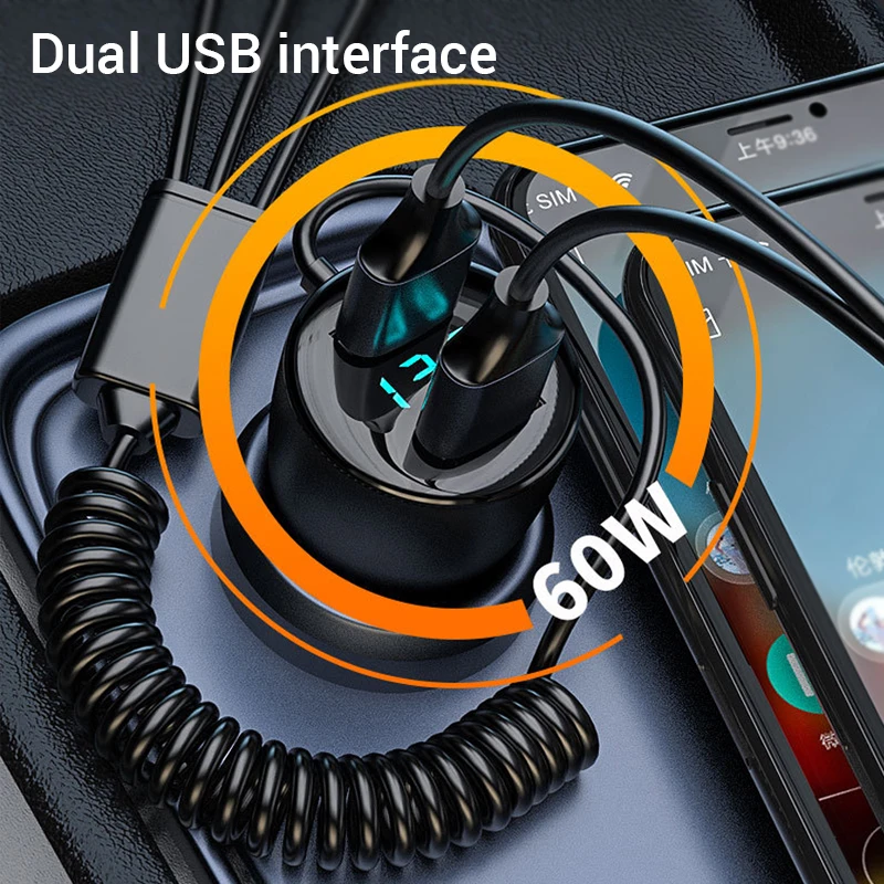 Type C QC 3.0 Quick Car Charger With 3 in 1 USB Cable Cigarette Lighter For iPhone Samsung USB Type C Fast Phone Charger