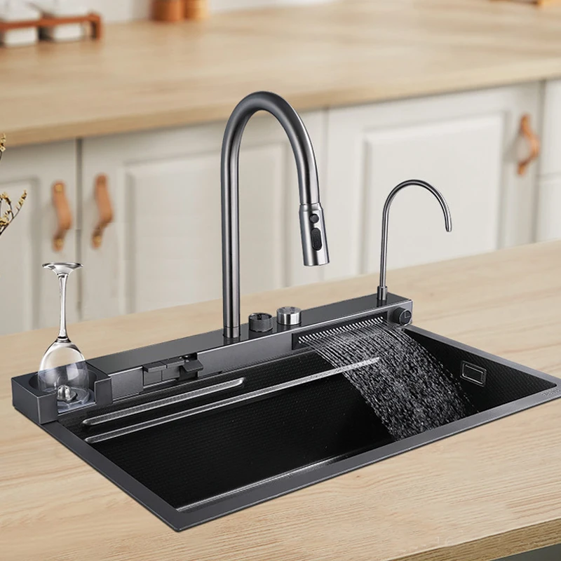 2023 New Nano SUS304 Gun Grey Abovemount Kitchen Sink Single Bowl Hand Made Kitchen Sink With Rain Shower Waterfall Faucet Spout