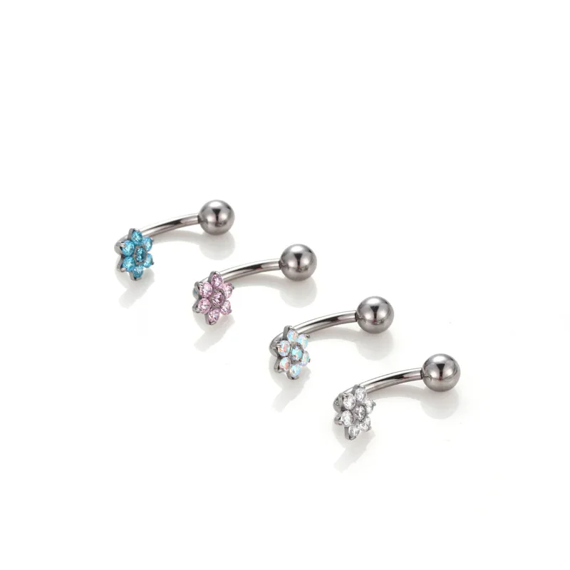 Titanium material cubic zirconium navel piercing jewelry flower screw threaded fashion titanium belly piercing jewelry