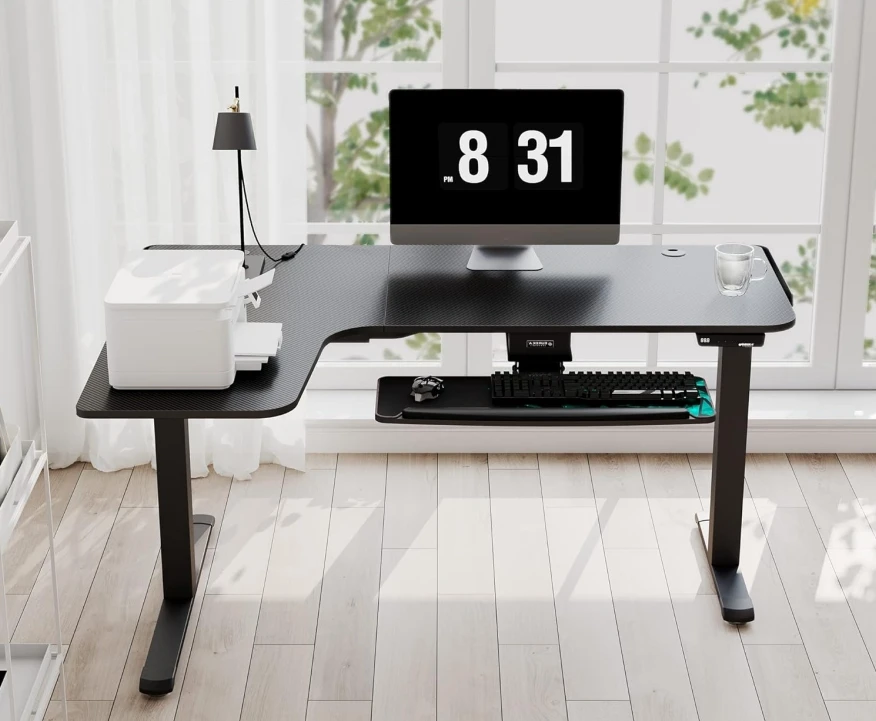 Height Adjustable Electric Stand Desk L Shaped Single Motor Ergonomic Standing Desk Large Desktop Black Computer Desk