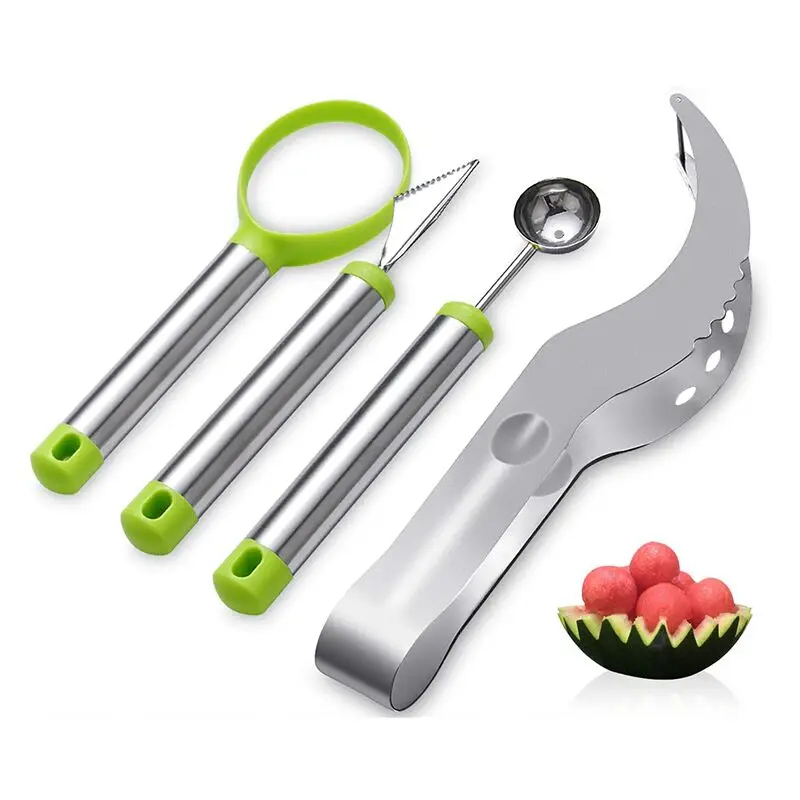 4 PCS Watermelon Slicer Cutter Set Fruit Carving Tools Knife Baller Scoop Stainless Steel Fruit Corer Cutter Kit Melon Slicer