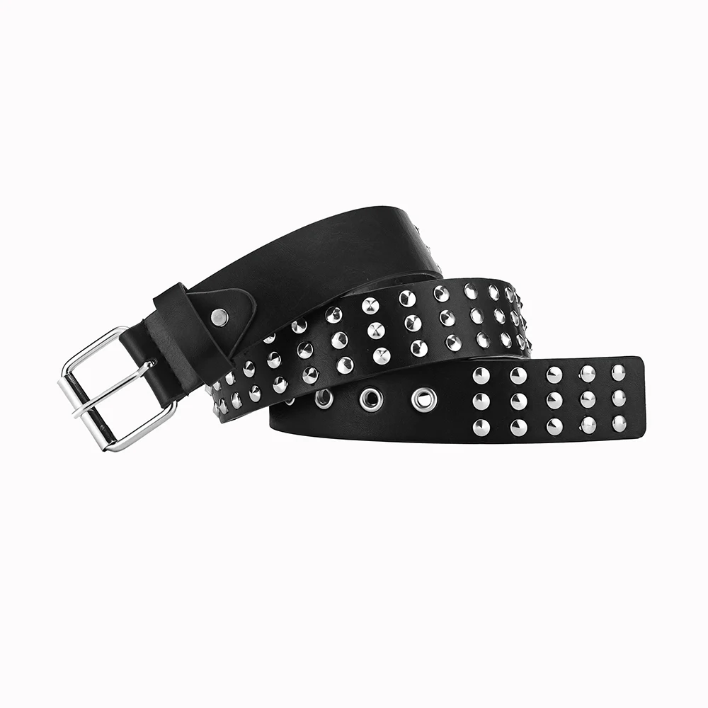 Europe Style Punk Leather Studded Three Lines Round Beads Rivet Belts PU Leather Pin Buckle Belt For Jeans